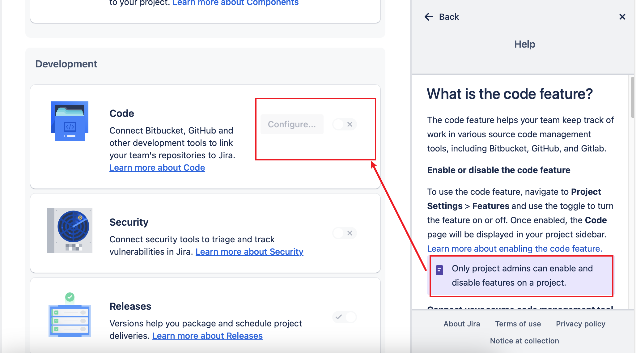 How can I enable code feature in Jira - Atlassian